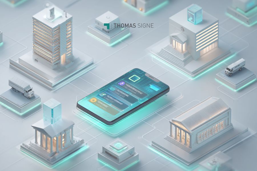 una wallet de identidad digital como elemento central con credenciales digitales. Alrededor de la wallet, una composición con iconos tecnológicos sutiles representan distintos sectores (financiero, salud, educación, administración pública y corporativo).